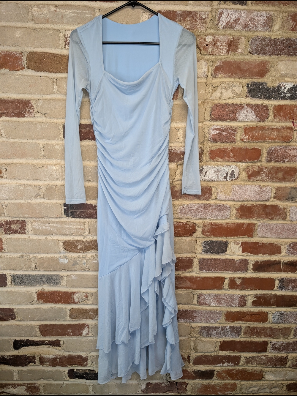 Light Blue Long Sleeve Ruffle Maxi Dress